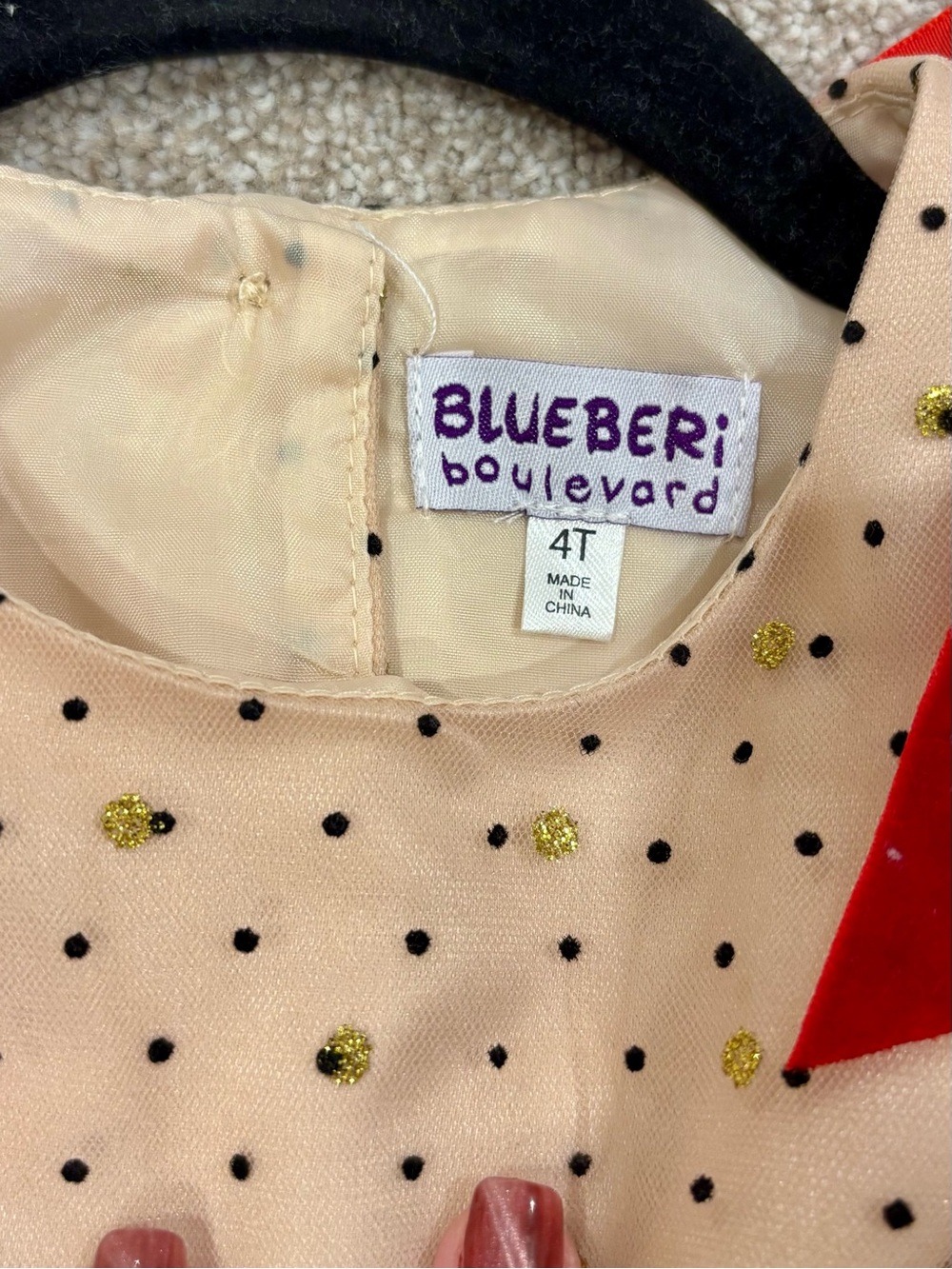 Blueberi Boulevard Beige Tulle Party Dress with Red Ribbon Accents - Picture 3 of 3